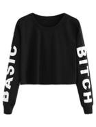 Romwe Black Sleeve Letter Print Crop Sweatshirt