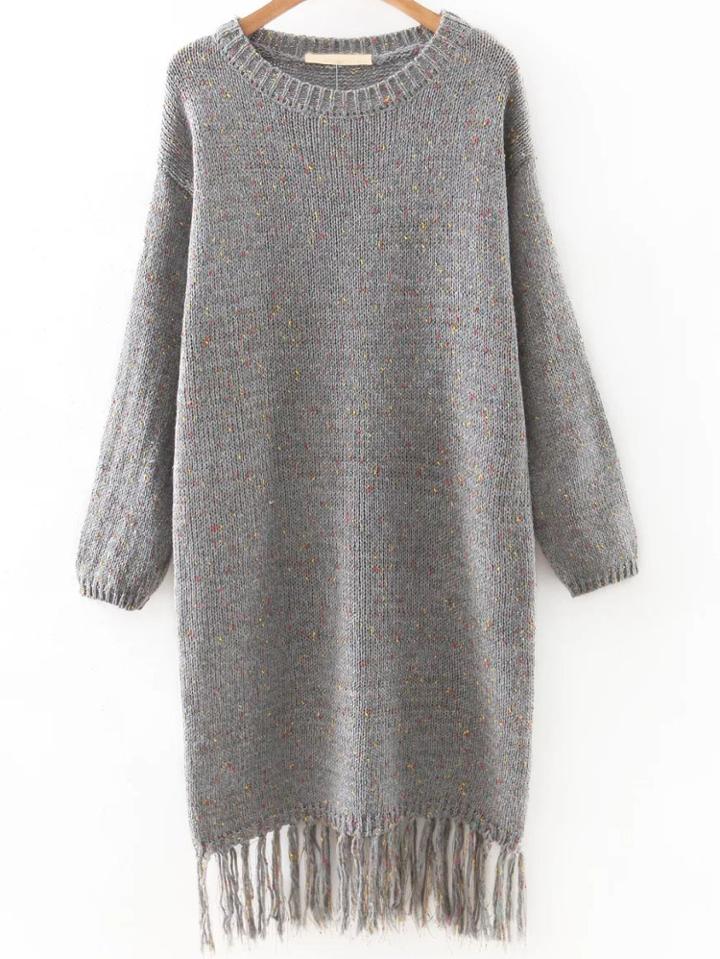 Romwe Grey Drop Shoulder Marled Knit Tassel Hemline Sweater Dress