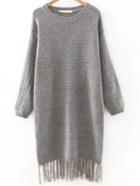 Romwe Grey Drop Shoulder Marled Knit Tassel Hemline Sweater Dress