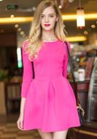Romwe Rose Red Round Neck Ruffle Flare Dress