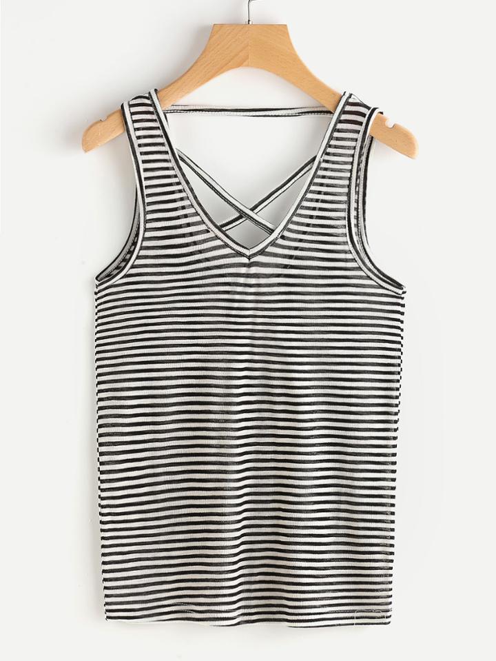 Romwe Striped Criss Cross Tank Top
