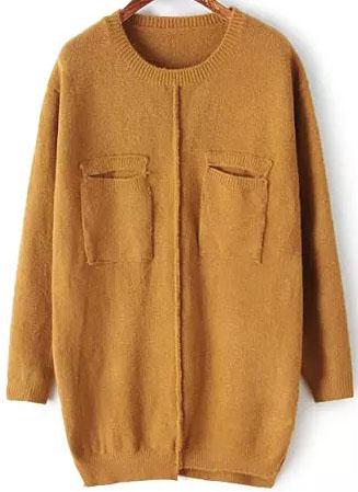 Romwe Pockets Loose Yellow Sweater