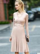 Romwe Apricot V Neck Long Sleeve Tie-waist Knit Dress