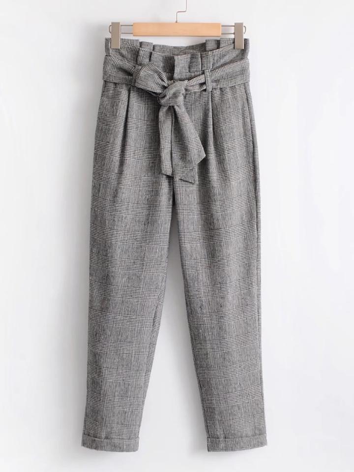 Romwe Frill Waist Self Tie Plaid Pants