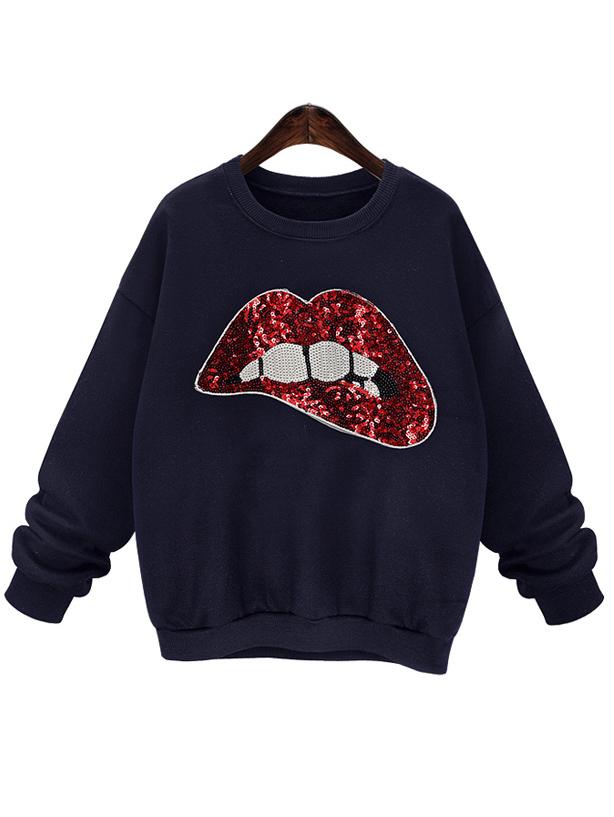 Romwe Lips Pattern Sequined Navy Sweatshirt