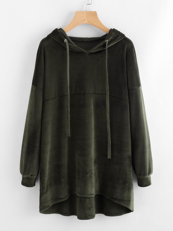Romwe Hooded Drawstring Velvet Dip Hem Sweatshirt