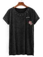 Romwe Embroidery Patch Studded High-low T-shirt