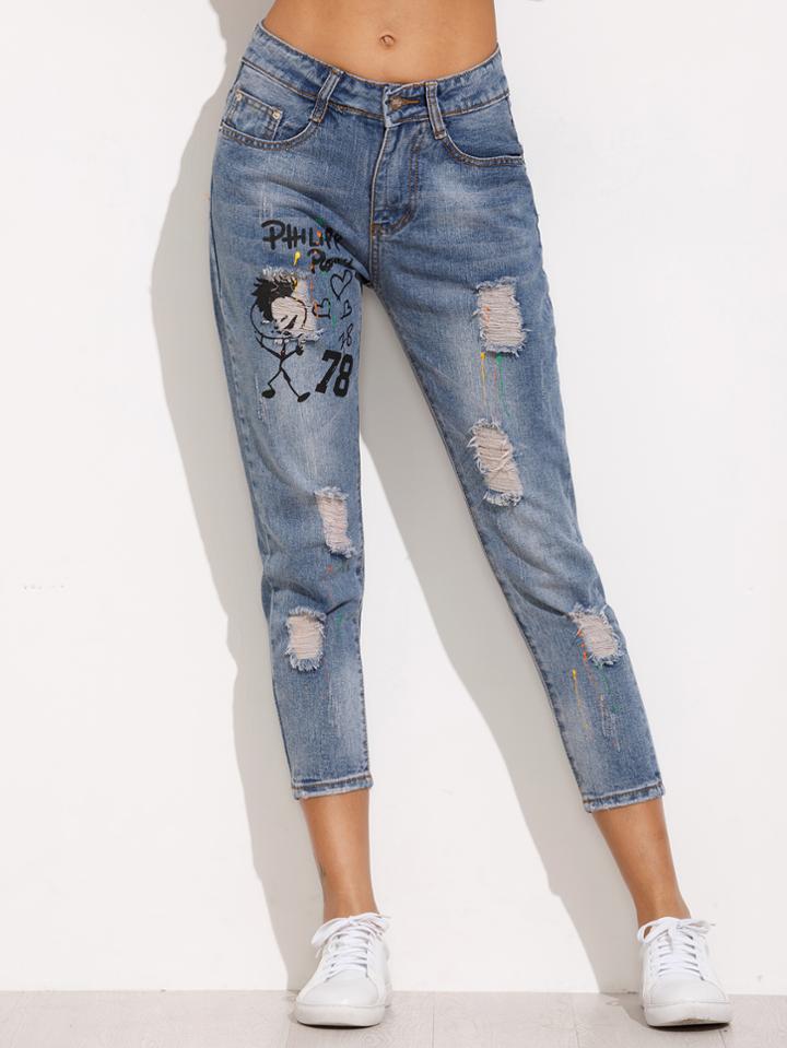 Romwe Blue Cartoon Print Ripped Denim Pants