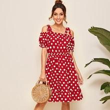 Romwe Polka Dot Print Ruffle Trim Dress