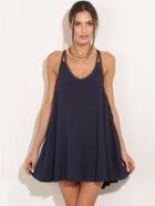 Romwe Dark Blue Lace Splicing Spaghetti Strap Swing Dress