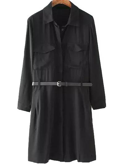 Romwe Lapel With Belt Pockets Chiffon Dress