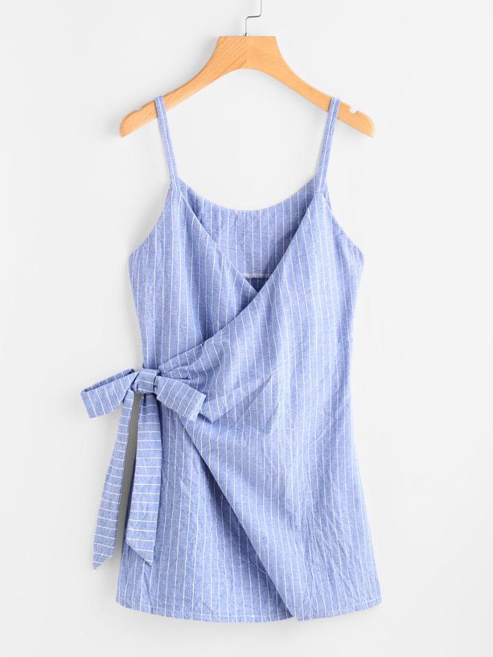 Romwe Pinstriped Overlap Tie Detail Cami Dress