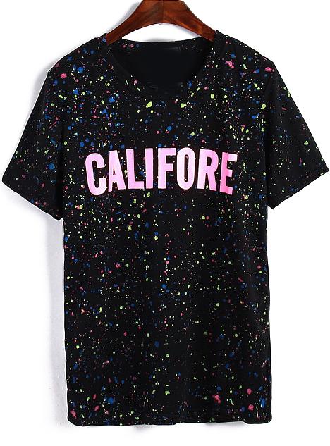 Romwe Spot Letter Print Black T-shirt