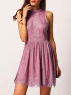 Romwe Pink Mock Neck Sleeveless Lace Embroidered Dress
