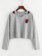 Romwe Cut Out Neck Rose Patch Marled Tee