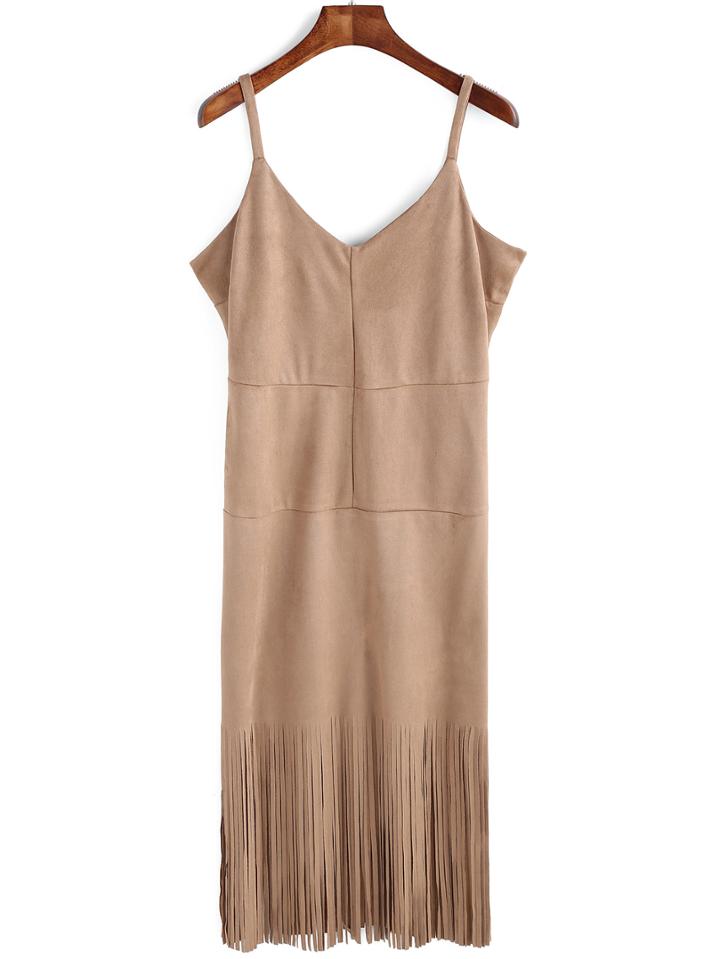 Romwe Spaghetti Strap Fringe Suede Dress