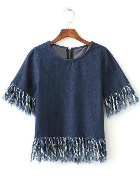 Romwe Blue Short Sleeve Zipper Back Fringe Trim Denim Blouse