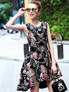 Romwe Black Round Neck Sleeveless Drawstring Embroidered High Low Dress