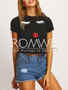Romwe Black Crew Neck Cartoon Pattern Cropped T-shirt
