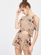 Romwe Apricot Florals Open Sholder Crop Spit Top With Shorts