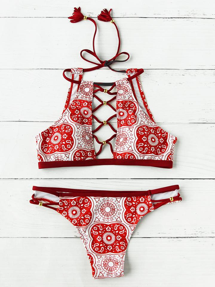Romwe Beading Crisscross Plunge Neck Geo Halter Bikini