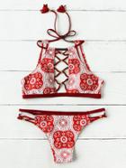Romwe Beading Crisscross Plunge Neck Geo Halter Bikini