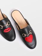Romwe Black Lip And Heart Embroidery Loafer Slippers