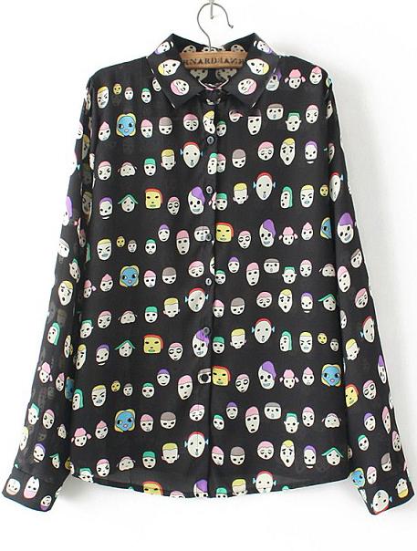 Romwe Black Long Sleeve Portrait Print Chiffon Blouse
