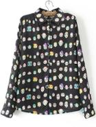Romwe Black Long Sleeve Portrait Print Chiffon Blouse