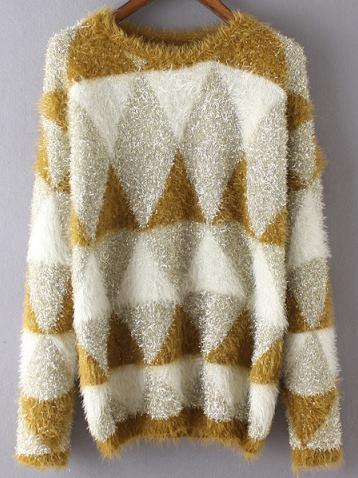 Romwe Geometric Print Shaggy Khaki Sweater