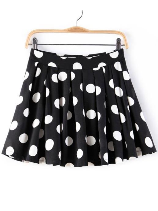 Romwe Polka Dot Pleated Flare Skirt