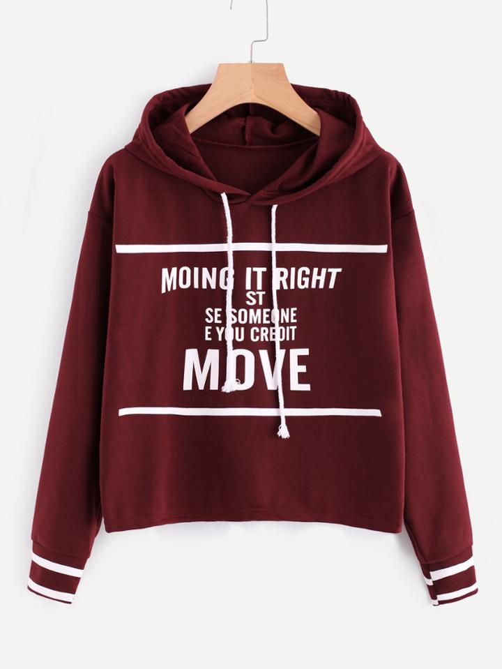 Romwe Slogan Print Varsity Striped Cuff Hoodie