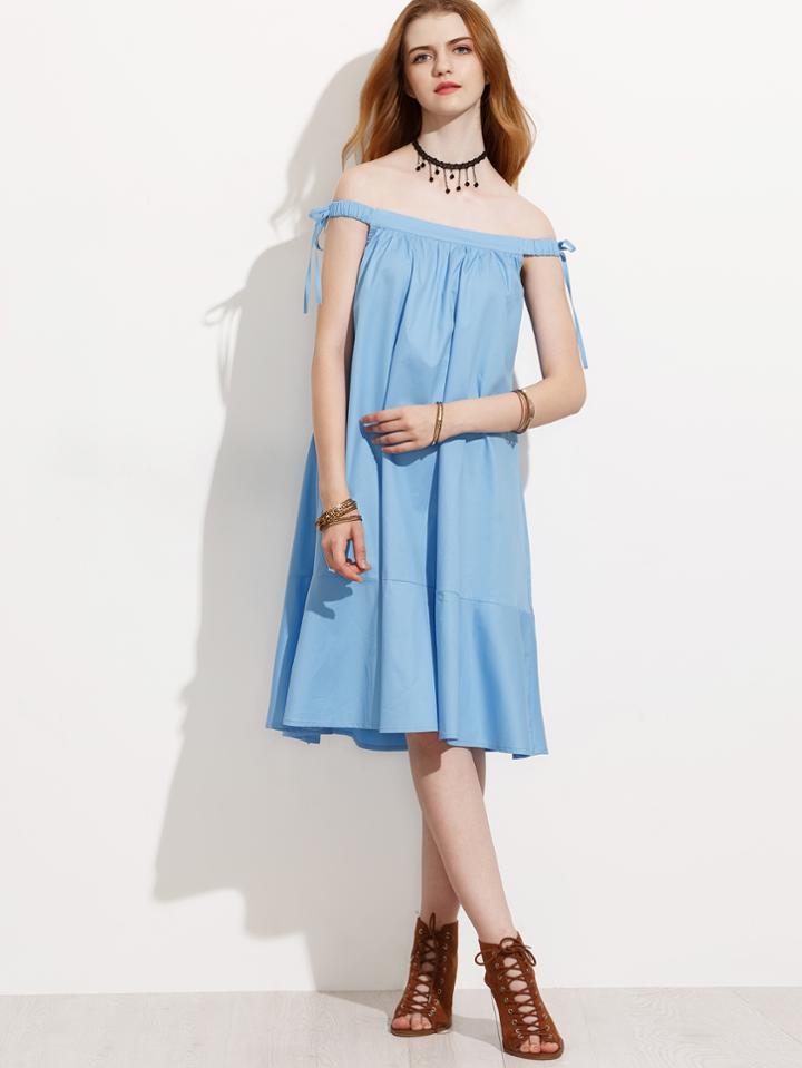 Romwe Blue Side Tie Off The Shoulder Ruffle Hem Dress