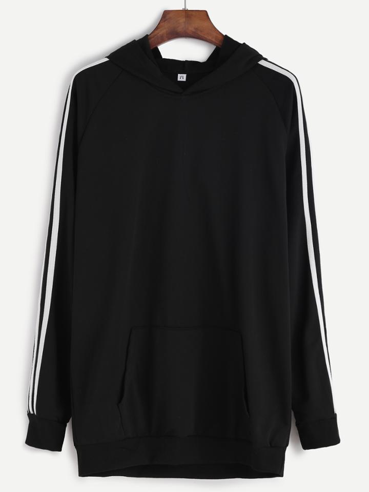 Romwe Black Striped Trim Hooded Sweatshirt