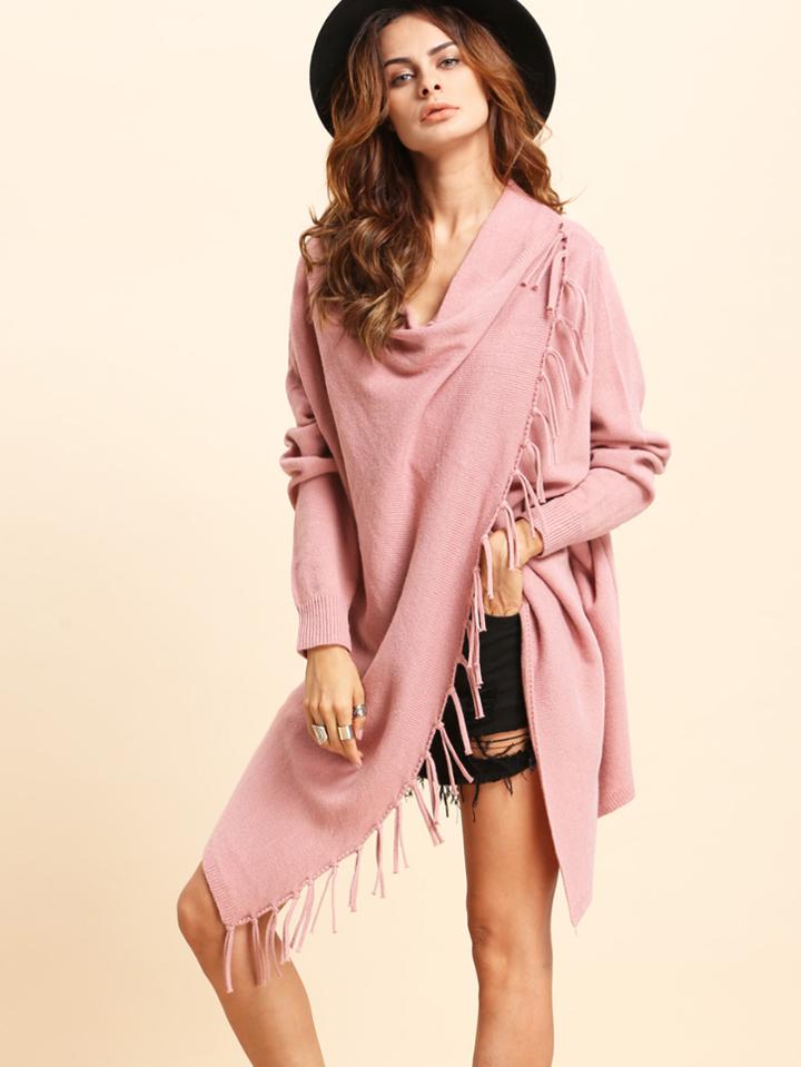 Romwe Pink Knitted Tassel Trim Asymmetrical Long Sleeve Outerwear