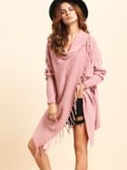 Romwe Pink Knitted Tassel Trim Asymmetrical Long Sleeve Outerwear