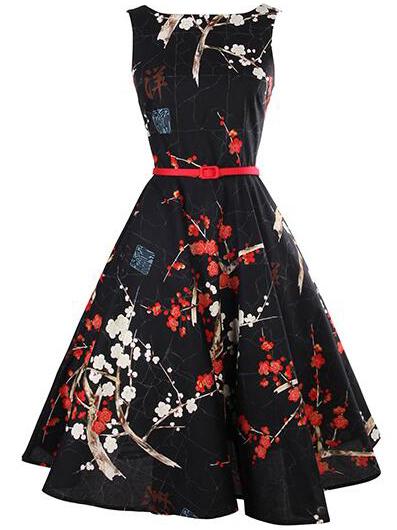 Romwe Black Floral Print Flare Dress With Belt