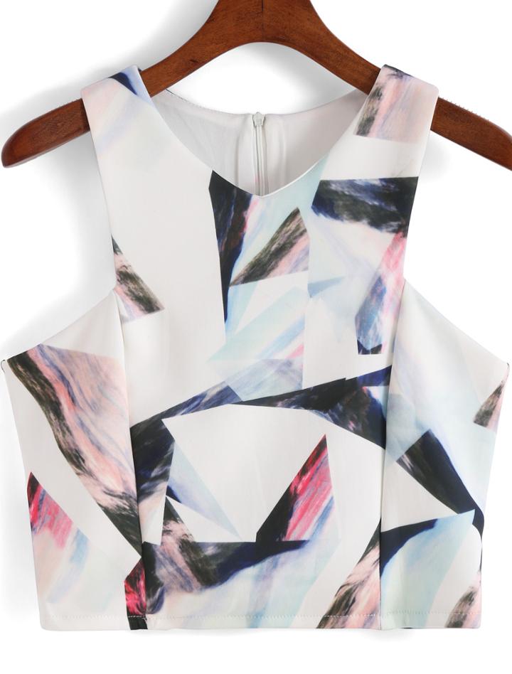 Romwe White V Neck Geometric Print Crop Tank Top