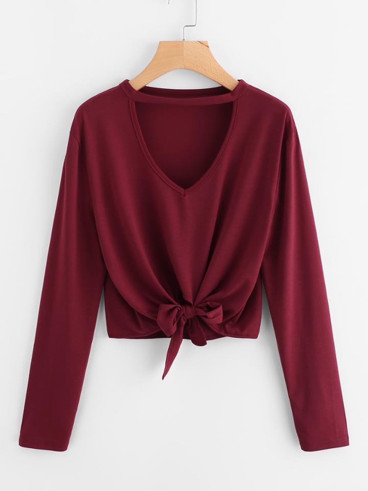 Romwe V Neckline Knot Front Crop Tee