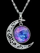 Romwe Purple Gemstone Hollow Moon Necklace