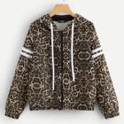 Romwe Striped Sleeve Zip Up Leopard Hooded Jacket
