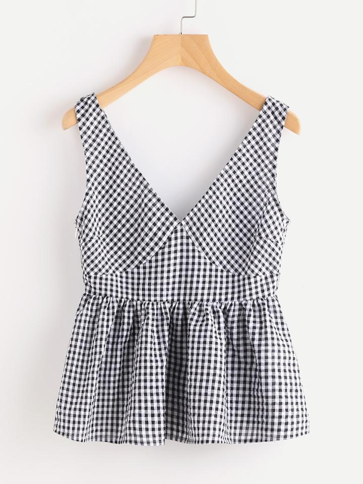 Romwe Double Plunge Neck Gingham Peplum Shell Top