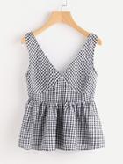 Romwe Double Plunge Neck Gingham Peplum Shell Top