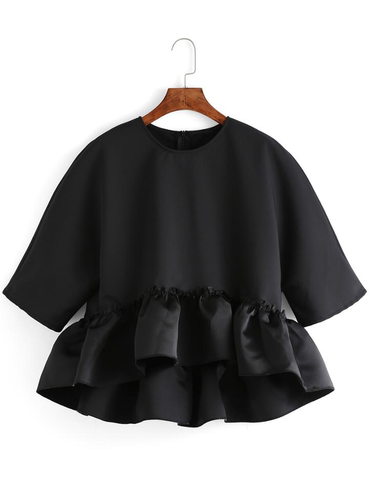 Romwe Black Crew Neck Ruffle Dip Hem Blouse