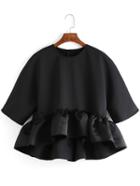 Romwe Black Crew Neck Ruffle Dip Hem Blouse