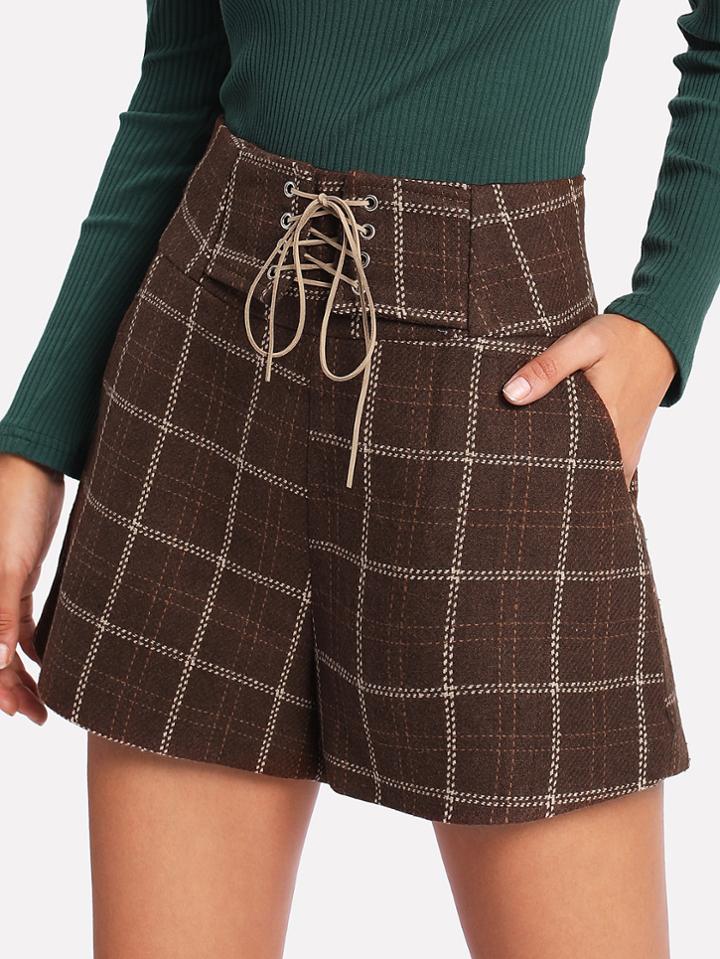 Romwe Eyelet Lace Up Checked Shorts