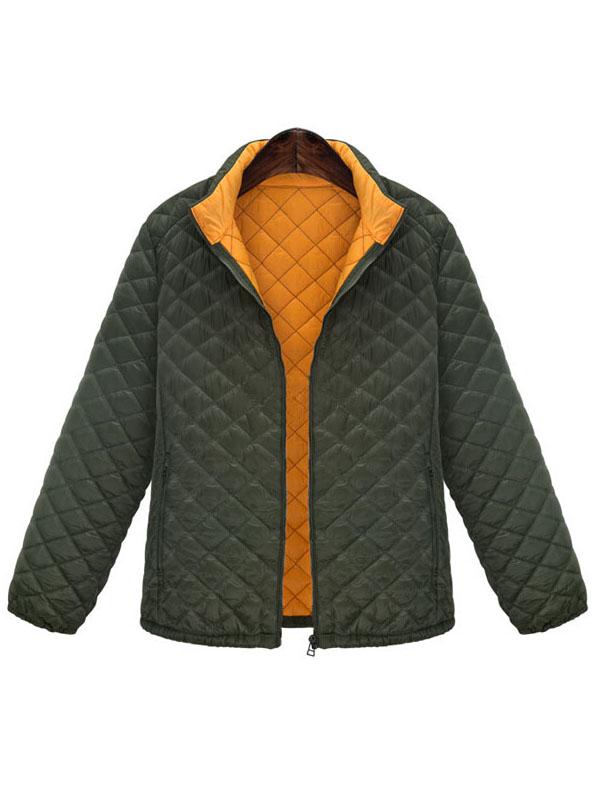 Romwe Stand Collar Diamond Zipper Army Green Coat