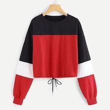 Romwe Plus Color Block Drawstring Hem Sweatshirt