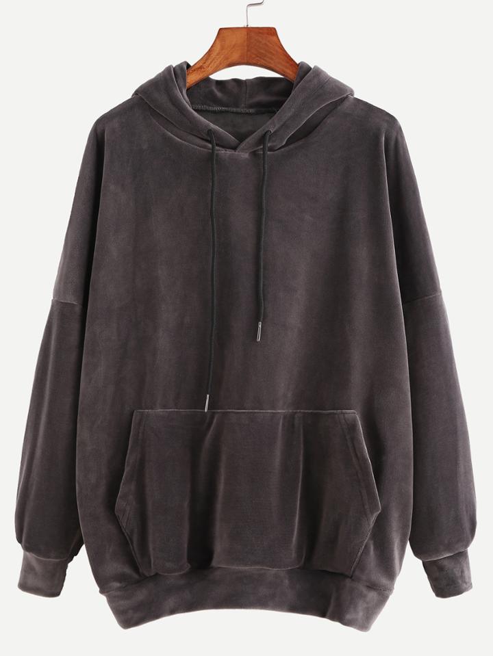Romwe Grey Drop Shoulder Drawstring Hooded Pocket Velvet Sweatshirt