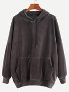 Romwe Grey Drop Shoulder Drawstring Hooded Pocket Velvet Sweatshirt